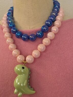 Bubblegum Pastel Beaded Necklace Set with Dino Pendant - Pink & Blue